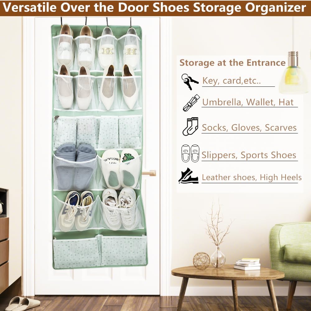 Over the Door Organizer with 4 Kinds of Pockets,Behind Door Shoes Rack,Back of Closet Storage Organization for Socks,Hat,Underwear,Luggage Packing,Hanging Holder Shelf in Home Dorm,Travel,Green