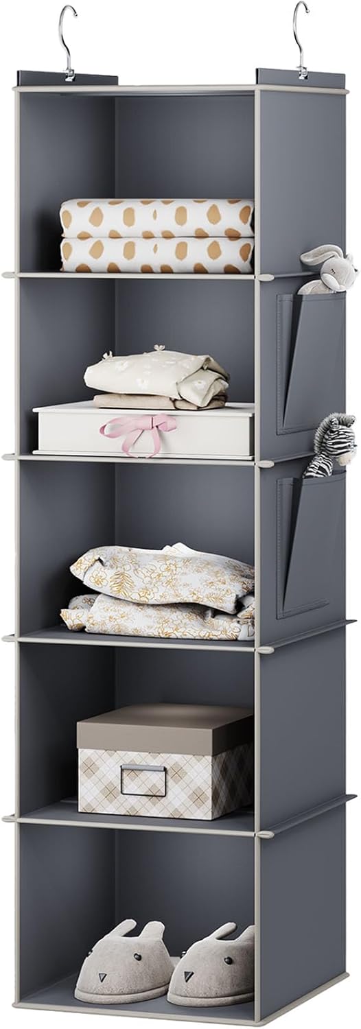 YOUDENOVA Hanging Closet Organizer, 5-Shelf Closet Hanging Storage Shelves, Grey