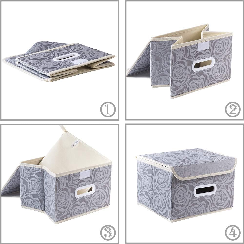 PRANDOM Stackable Storage Boxes with Lids [5-Pack] Fabric Decorative Storage Bins Cubes Organizer Containers Baskets with Cover Handles Divider for Bedroom Closet Living Room Grey 9.8x7.9x6.7 Inch