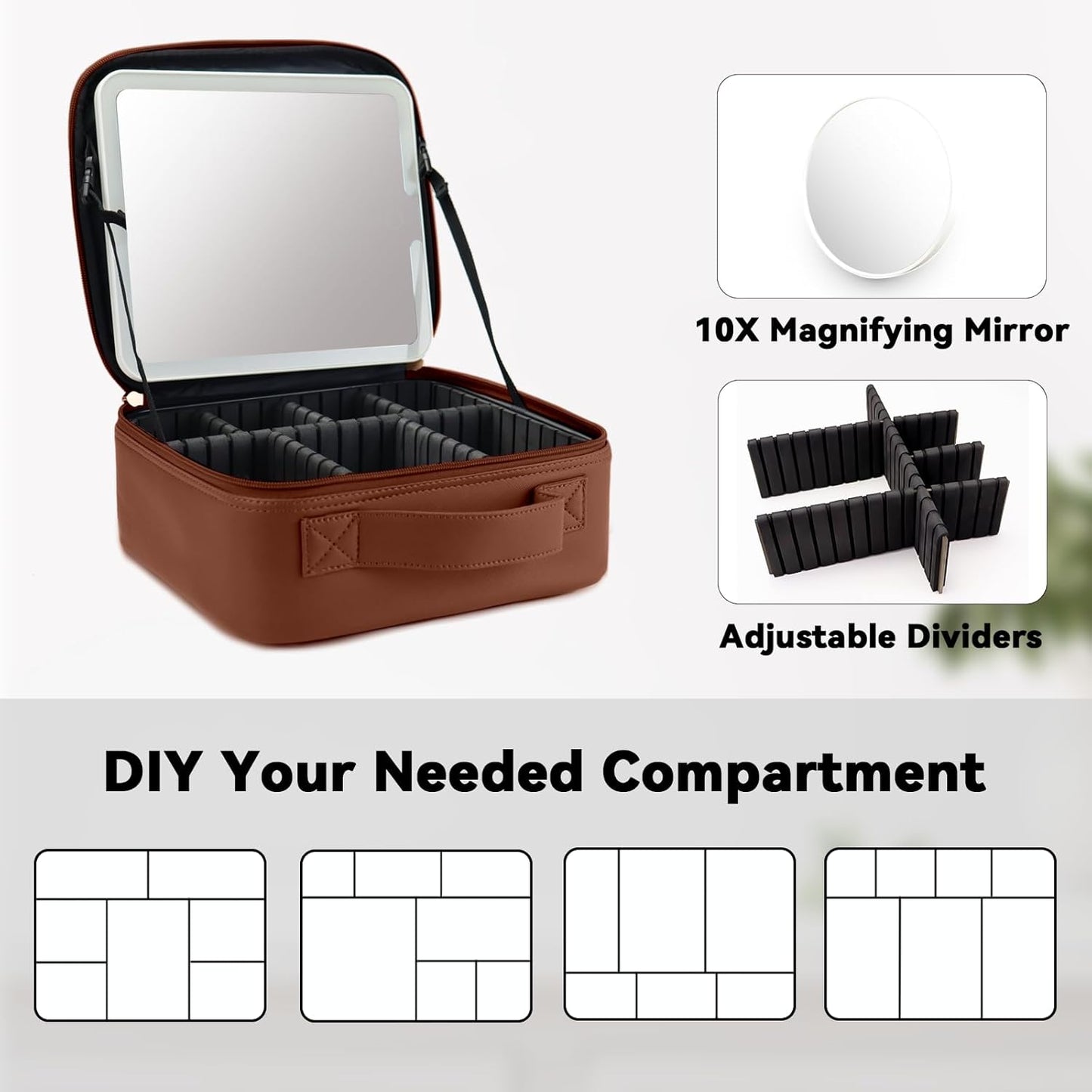 Travel Makeup Bag with LED Mirror and 10x magnifying glass with 3 Lighted Settings, Adjustable Dividers and Makeup Brush Storage Bag Dark Brown