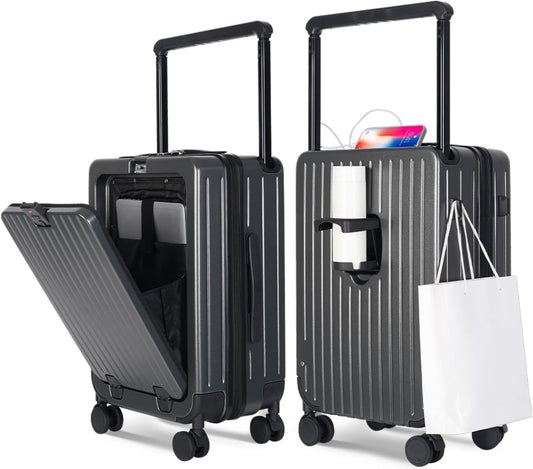 SOKOK Front Pocket Luggage Carry On with Spinner Wheels, Wide Handle Travel Suitcase PC Hardshell Durable Rolling Luggage for Business Trip with Charging Port and Cup Holder, Graphite