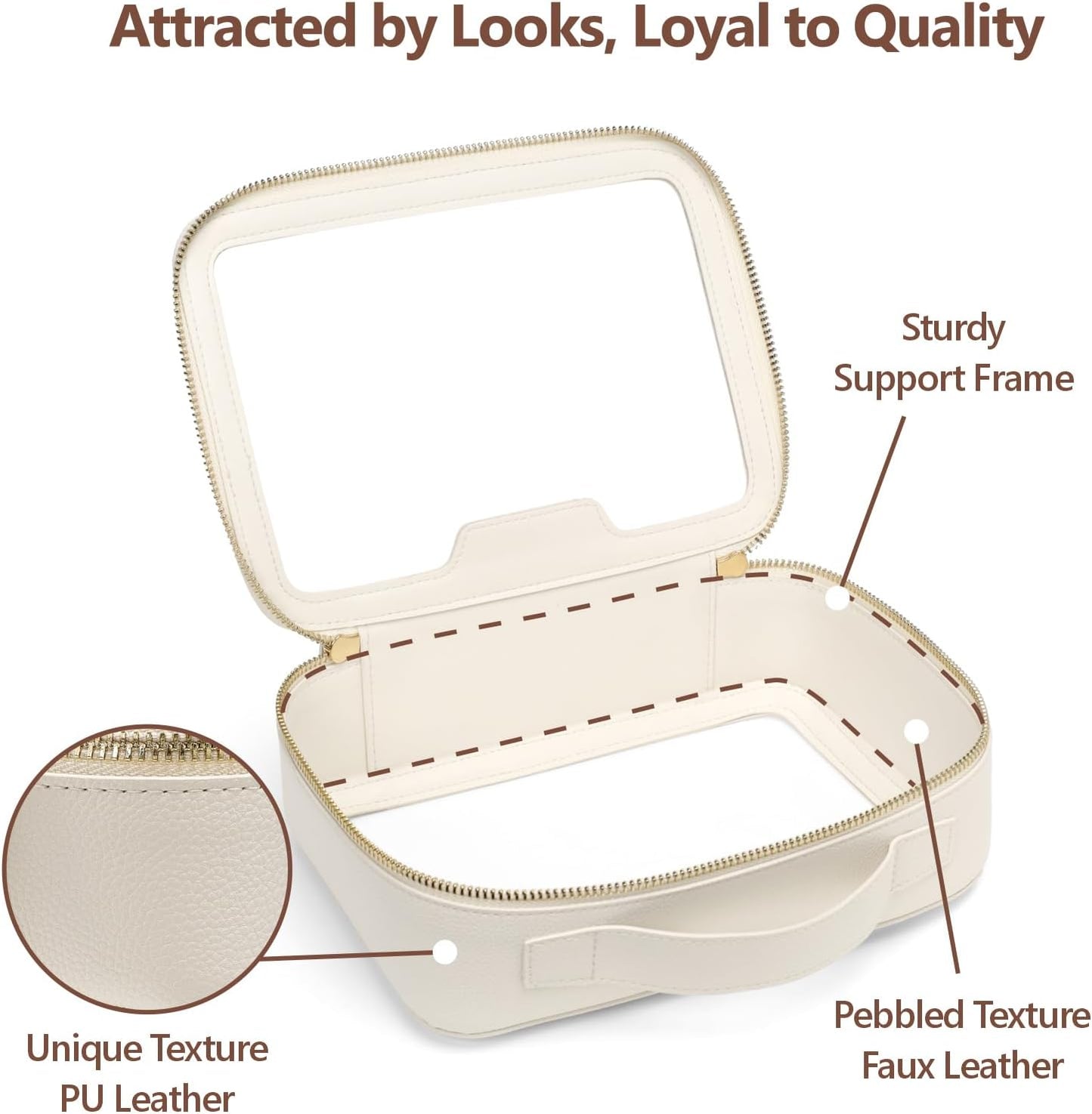 PACKISM Large Clear Makeup Bag - Pebbled Texture & Hard PU Leather Car Bag Organizer for Car Essentials, with Message Card Travel Cosmetic Bag for Women Gift (Cream Large)