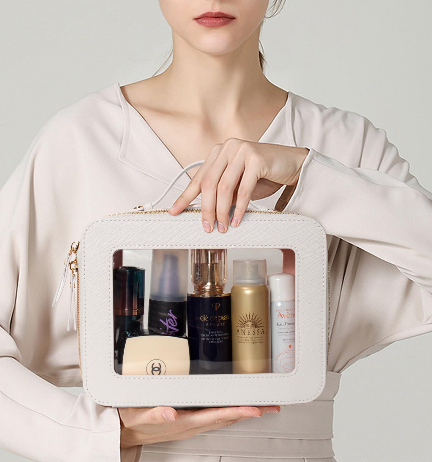 LETGO Clear Makeup Bags, TSA Approved Toiletry Bag with Zipper, Clear Makeup Organizer Large Fit Carry-on Travel Essentials,Clear Cosmetic Bags for Women Men (Large-White) (YunGoGo)