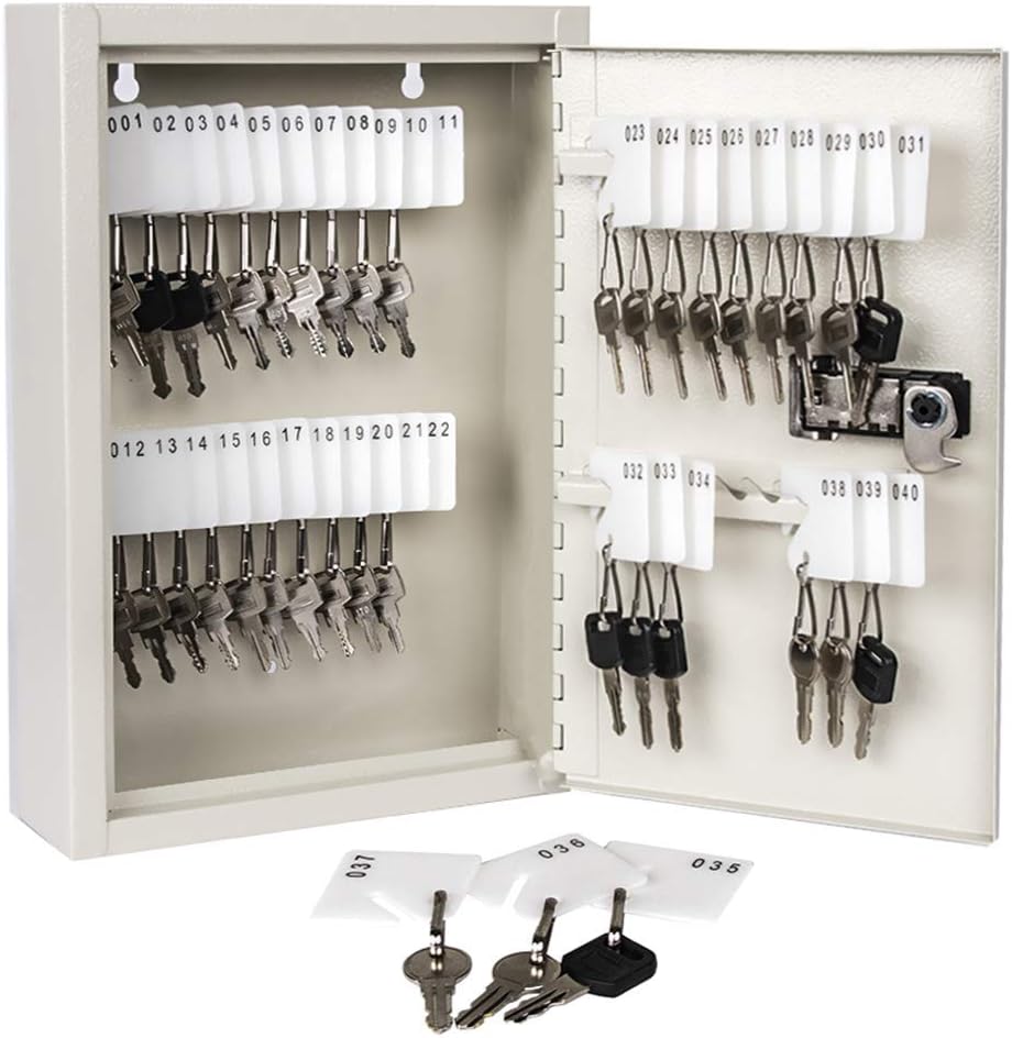 KYODOLED Key Storage Lock Box with Code, 40 Key Holder Wall Mount Cabinet with Combination Lock, Key Hooks & Tags Labels, 2.5" D x 8.1" W x 12.1" H, White