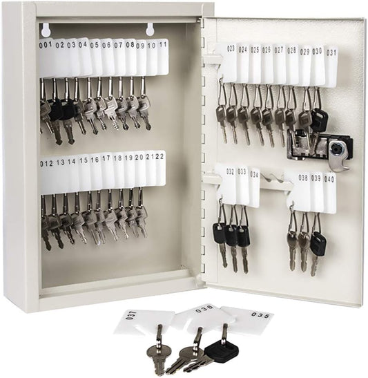 KYODOLED Key Storage Lock Box with Code, 40 Key Holder Wall Mount Cabinet with Combination Lock, Key Hooks & Tags Labels, 2.5" D x 8.1" W x 12.1" H, White