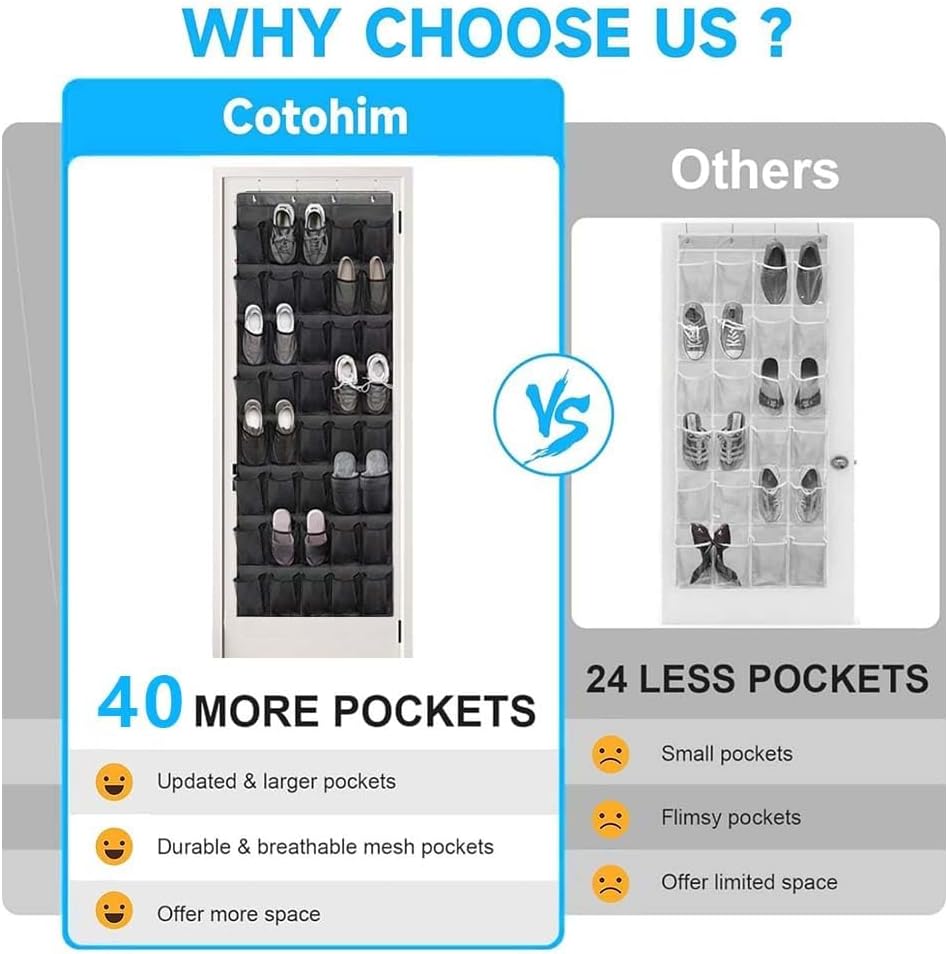 Over the door shoe organizer, 40 Large Clear Mesh Pockets Hanging Shoe Organizer Shoe Rack, for Entryway Bedroom Bathroom Pantry Shoe Stor