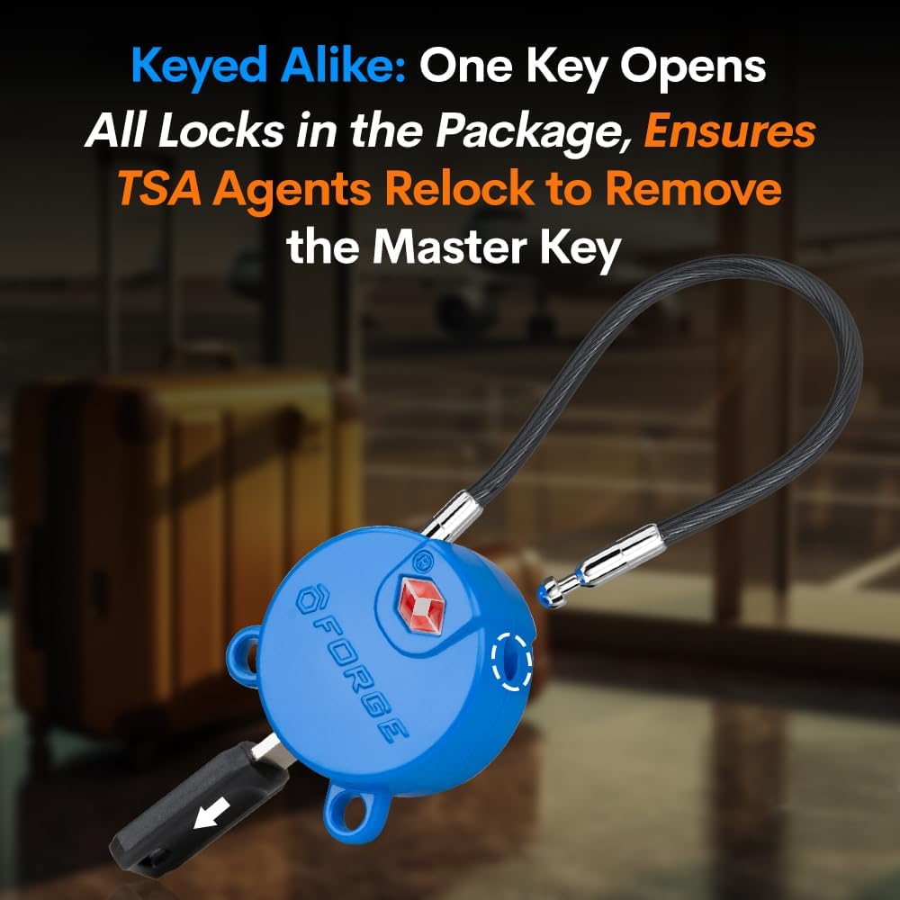 Forge TSA Approved Luggage Locks Ultra-Secure Dimple Key Cable Locks for Travel with Zinc Alloy Body- 2 Blue Locks