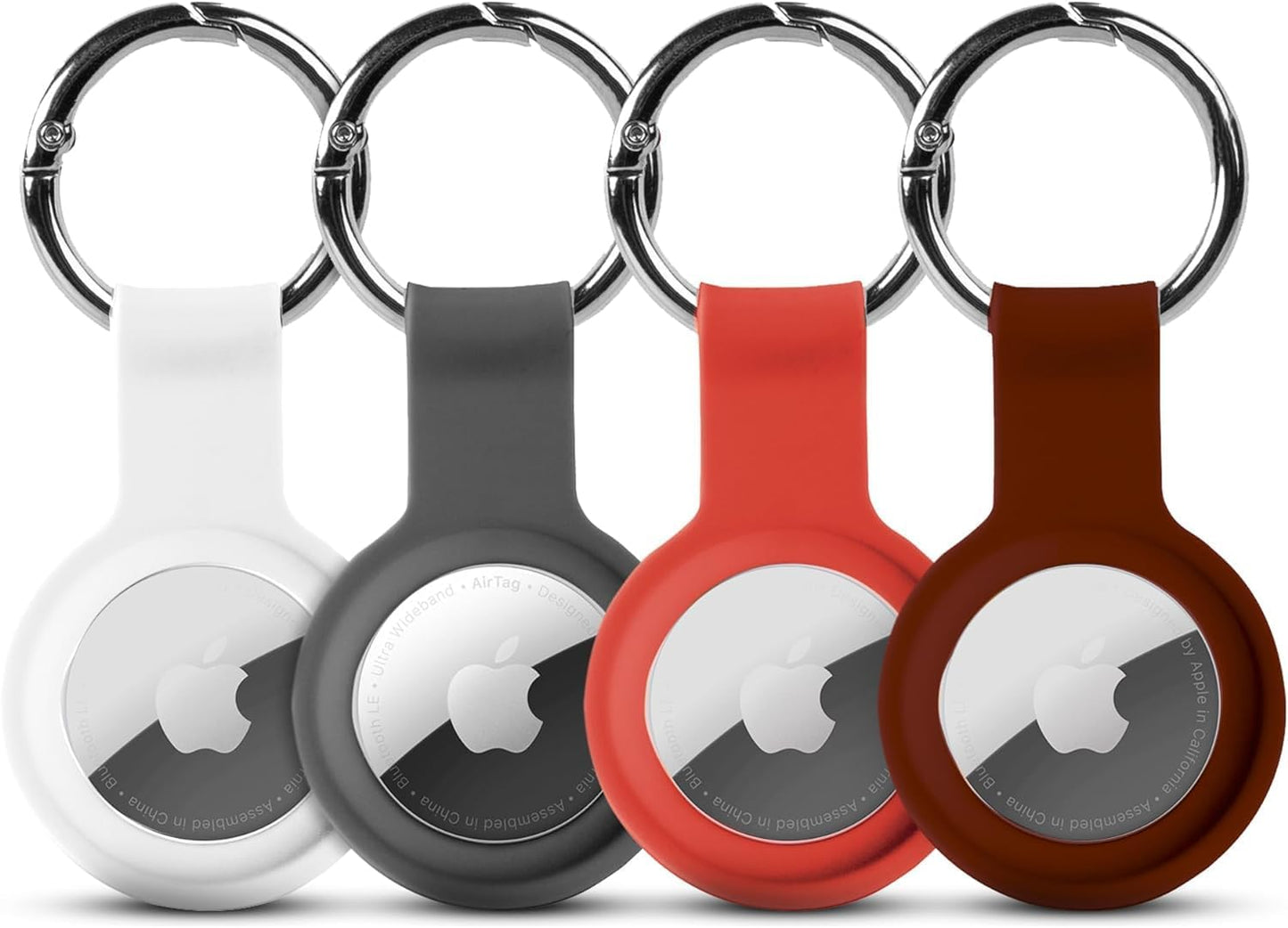 Apple AirTag 4 Pack Shockproof, Dustproof & Washable Cases, Silicon Holders with Accessories for Wallets, Luggage, Pet Collars, Key Finders (White - Gray - Orange - Maroon)