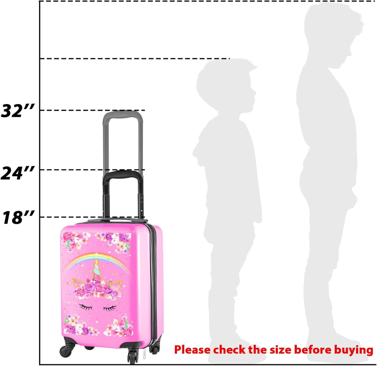Sanwuta 4 Pcs Kids Luggage Set Kids Backpack Travel Rolling Suitcase with Wheels U-shape Pillow Childrens Gift for Girls Boys(17 Inch,Unicorn Rainbow Style,Pink)