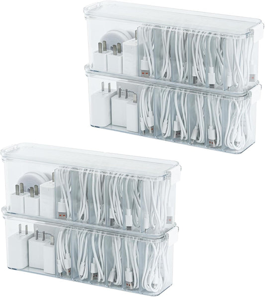 Yesesion 4 Pack Clear Cable Storage Box for Desk Drawer, Plastic Cord Organizer with Lid for Wire Ties, Electronics Accessories, Phone Charger, Art Crafts, Pencils, Marker Pen, Crayons Holder