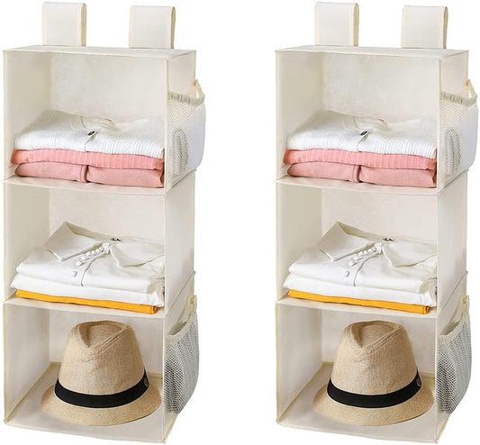 MAX Houser 3-Shelf Hanging Closet Organizers, Collapsible Closet Hanging Shelves for Camper, Nursery Hanging Organizers, Beige, 2-Pack
