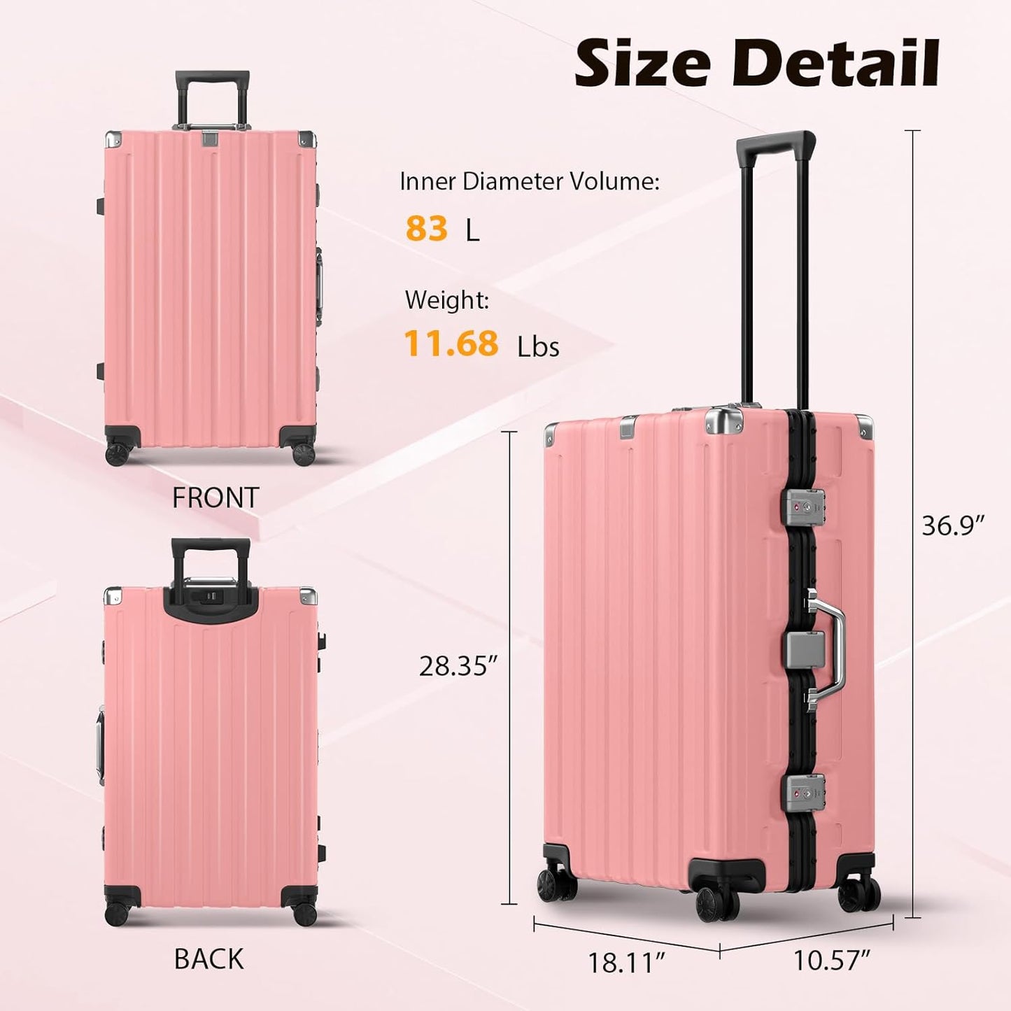 Krute Large Luggage 28 inch Zipperles Suitcase With Spinner Wheels USB Charger Hardside PC Aluminum Frame Luggages Checked Suitcases with TSA Lock (1 Piece)