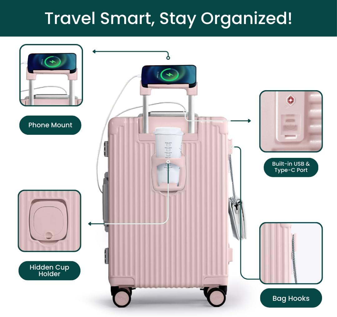 Nobl Travel Carry On Luggage, Noble Zipperless Aluminum Frame PC Hard Shell Suitcase, 22.5x15x9.5 Airline Approved, 360° Spinner Wheels, TSA Locks, USB Charging Port, Cup & Phone Holder - Pink
