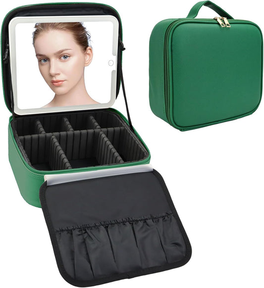 Travel Makeup Bag with LED Mirror Travel Makeup Organizer with 3 Lighted Settings, Adjustable Dividers and Makeup Brush Storage Bag Dark Green