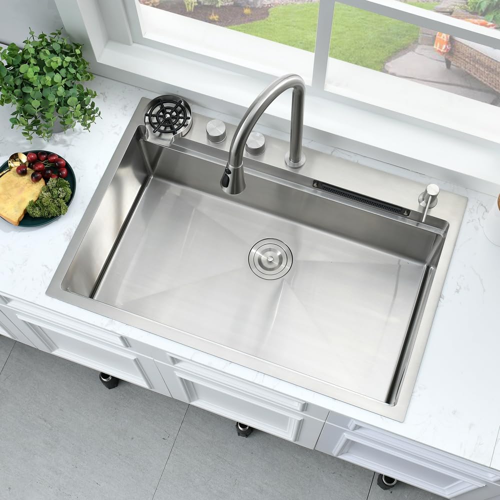33 Inch Waterfall Drop In Kitchen Sink with Fuacet Combo-Bokaiya 33x22 Waterfall Kitchen Sink with Cup Washer Stainess Steel Top Mount 16 Gauge Multifunctional Deep Single Bowl Modern Kitchen Sinks