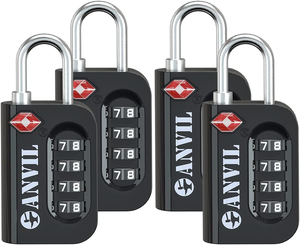 ANVIL TSA Approved Luggage Lock - 4 Digit Combination, 10,000 Combinations, Easy-Read Password Window, Travel Lock for Suitcases, Backpacks, Gym & Student Lockers, Baggage
