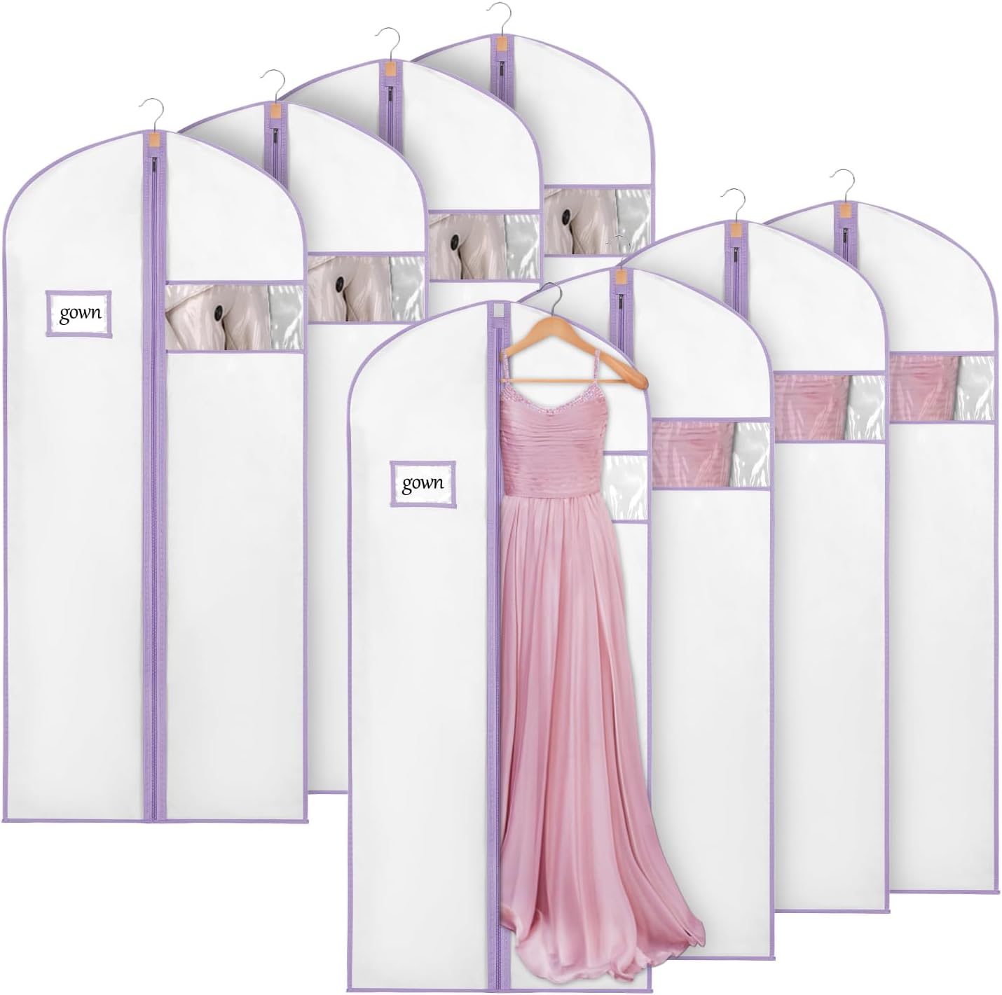 Syeeiex 60'' Garment Bags for Hanging Clothes, Set of 8 Dress Bags for Gowns, Dress Garment Bags for Gowns, Evening Dresses, Fur Coat, Long Dress(White & Purple)