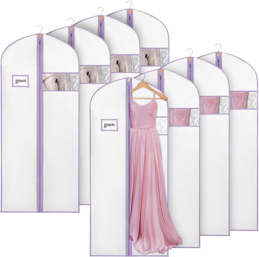 Syeeiex 60'' Garment Bags for Hanging Clothes, Set of 8 Dress Bags for Gowns, Dress Garment Bags for Gowns, Evening Dresses, Fur Coat, Long Dress(White & Purple)