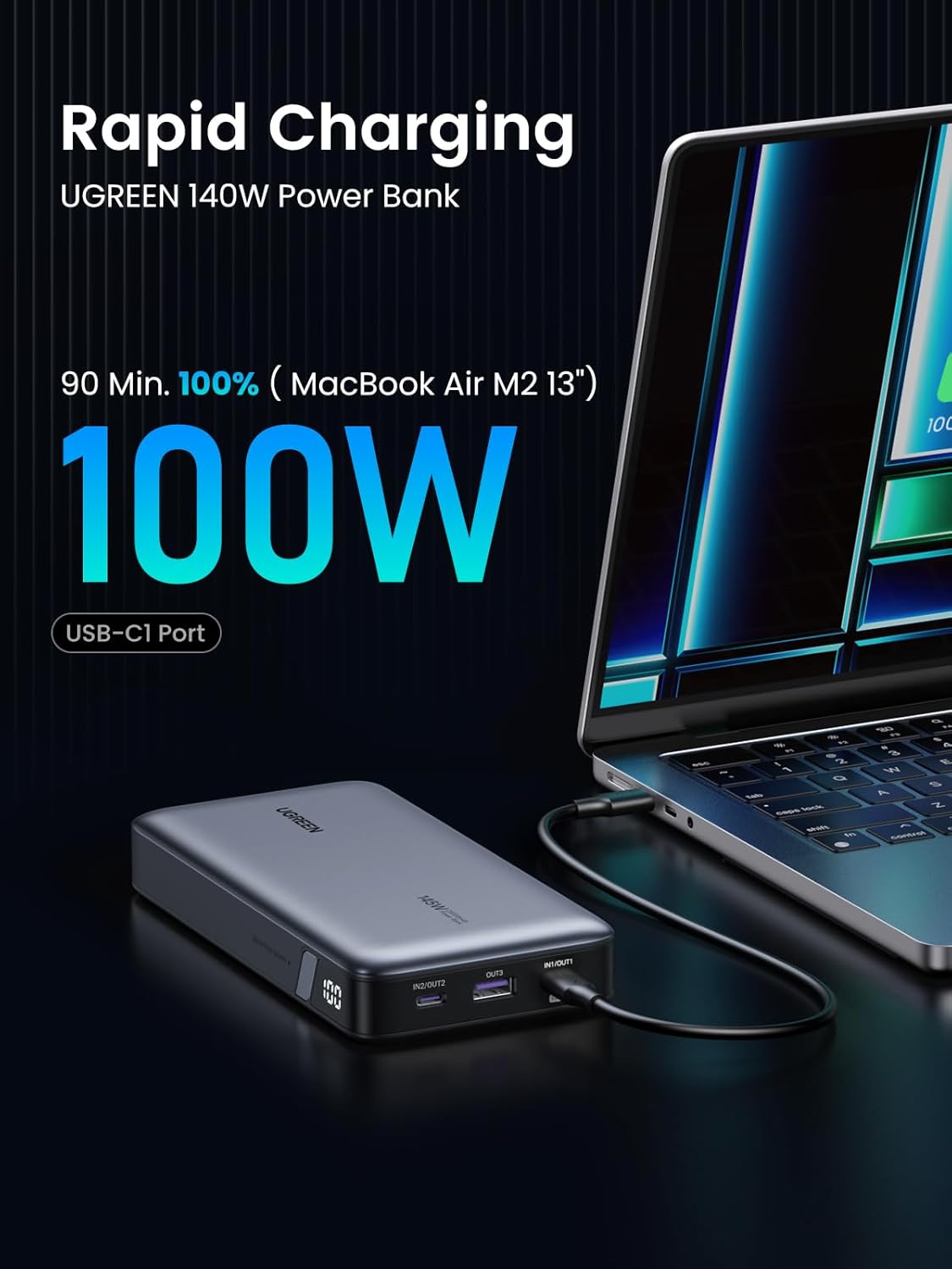 UGREEN Power Bank 25,000mAh 145W Laptop Portable Charger, Nexode 3-Port USB C PD Battery Pack, for MacBook Pro/Air, Dell XPS, iPhone 16/15/14, Galaxy S24, Steam Deck, iPad, and More