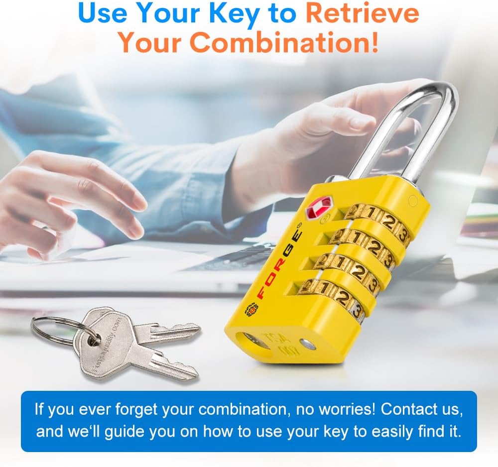 Forge Dual-Opening: Key or Combination Access Lock, TSA Approved Locks for Luggage, Pelican case, Travel, Gym, School, Stainless Steel Shackle.(Yellow 2 Locks)