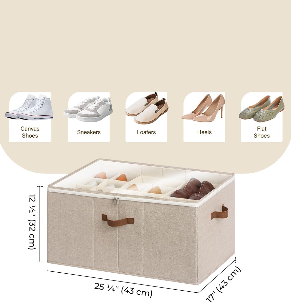 StorageWorks Shoe Organizer for Closet, Fits up to 24 Pairs, Shoe Cubby Storage Containers with Adjustable Dividers and Clear Cover, Mixing of Brown & Beige