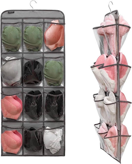 Dual Sided Hanging Shoe Organizer for Closet with Rotating Hanger Hanging Shoe Rack Holder with 24 Large Pockets (GREY-Clear Pockets)