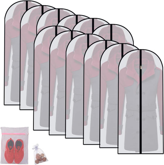 Hanging Garment Bag Dress Bags for Closet Storage ( Set of 12 ) Suit Protector Cover Bag with Zipper for Long Dresses, Suit, Coat Closet Clothes Storage ( Black, 24'' x 54'' )