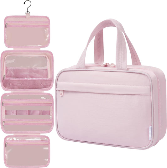 Toiletry Bag For women,Portable Hanging Organizer,4 Leakproof Compartment for full-sized Conditioner, Brushes Set, Makeup Accessories,Visible and easy to access.L-light pink