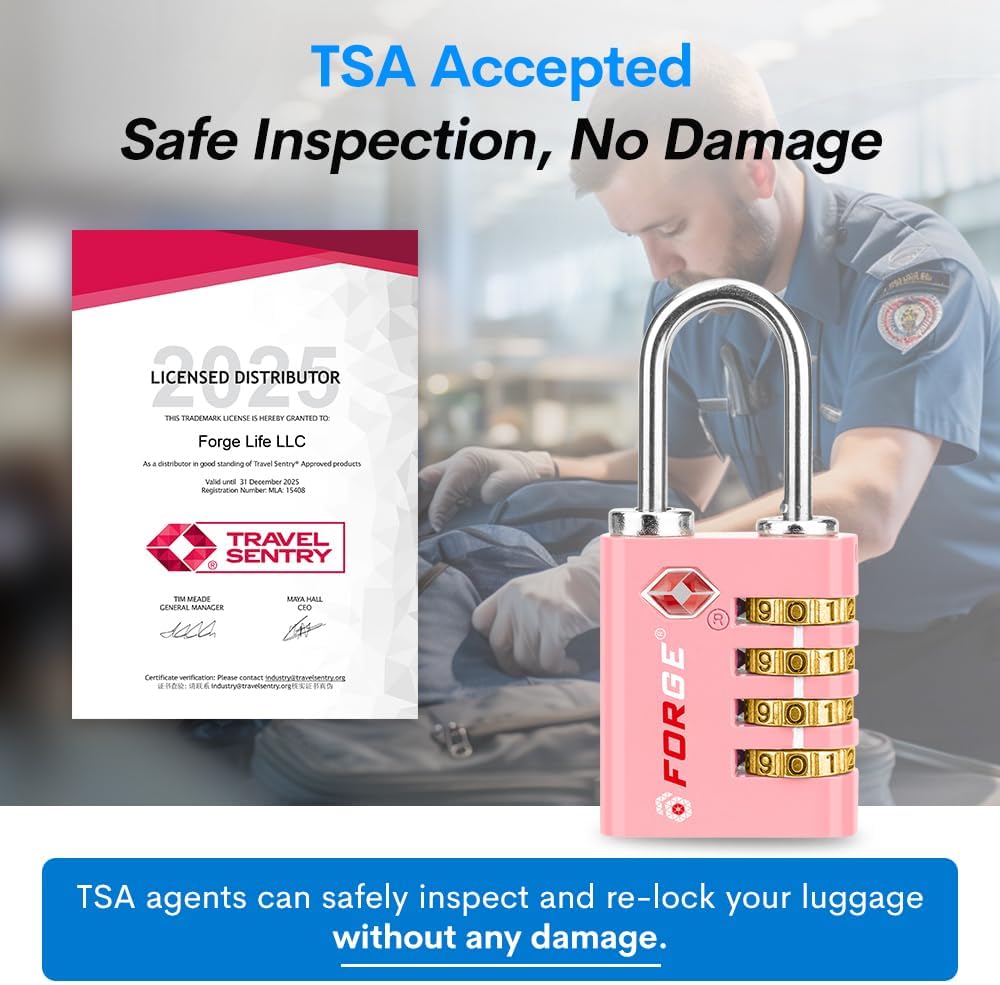 Forge Dual-Opening: Key or Combination Access Lock, TSA Approved Locks for Luggage, Pelican case, Travel, Gym, School, Stainless Steel Shackle. (Pink, 2 Pk)