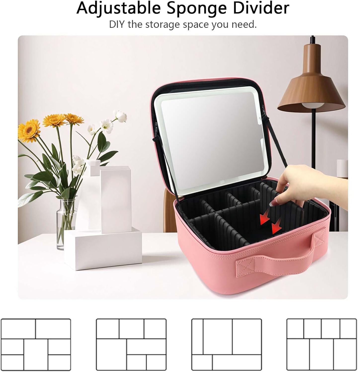 Travel Makeup Bag with LED Mirror Travel Makeup Organizer with 3 Lighted Settings, Adjustable Dividers and Makeup Brush Storage Bag Pink