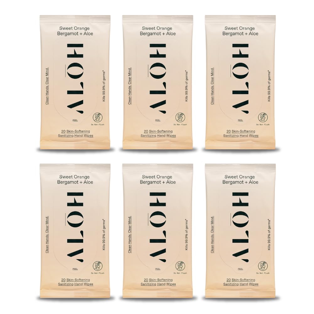 ALŌH Sweet Orange Bergamot + Aloe Sanitizing Hand Wipes - Clean Hands, Clear Mind - On The Go Hand Sanitizer Wipes for Kids and Adults - Travel Size (6 Pack, 20ct Wipes)