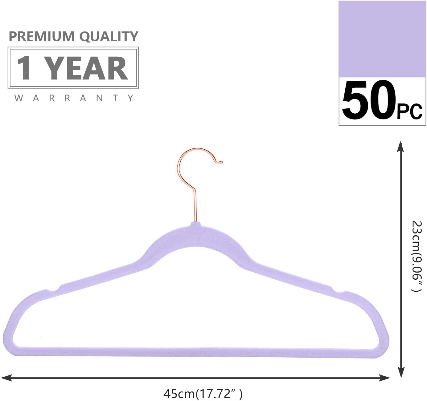 MIZGI Premium Velvet Hangers (50 Pack) Heavy Duty - Non Slip Felt Hangers - Velvet Suit Hanger Light Purple - Rose Gold Hooks,Space Saving Clothes Hanger