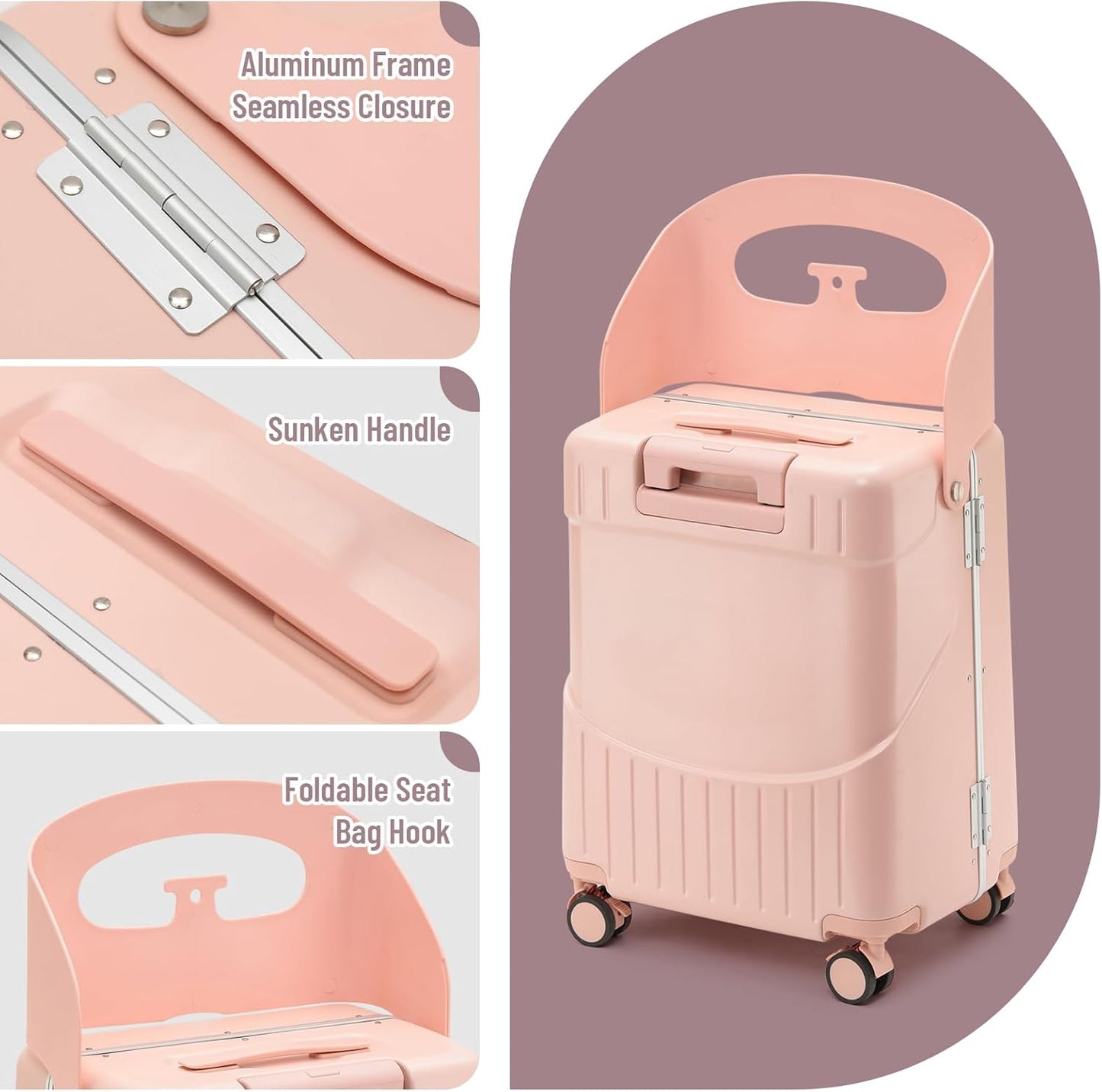 22 Inch TSA Lock Luggage with Seat for Adults and Kids,Check in Lockable Spinner Wheels Suitcase with Seat Belt and Cover (TSA Luggage with Seat Pink)