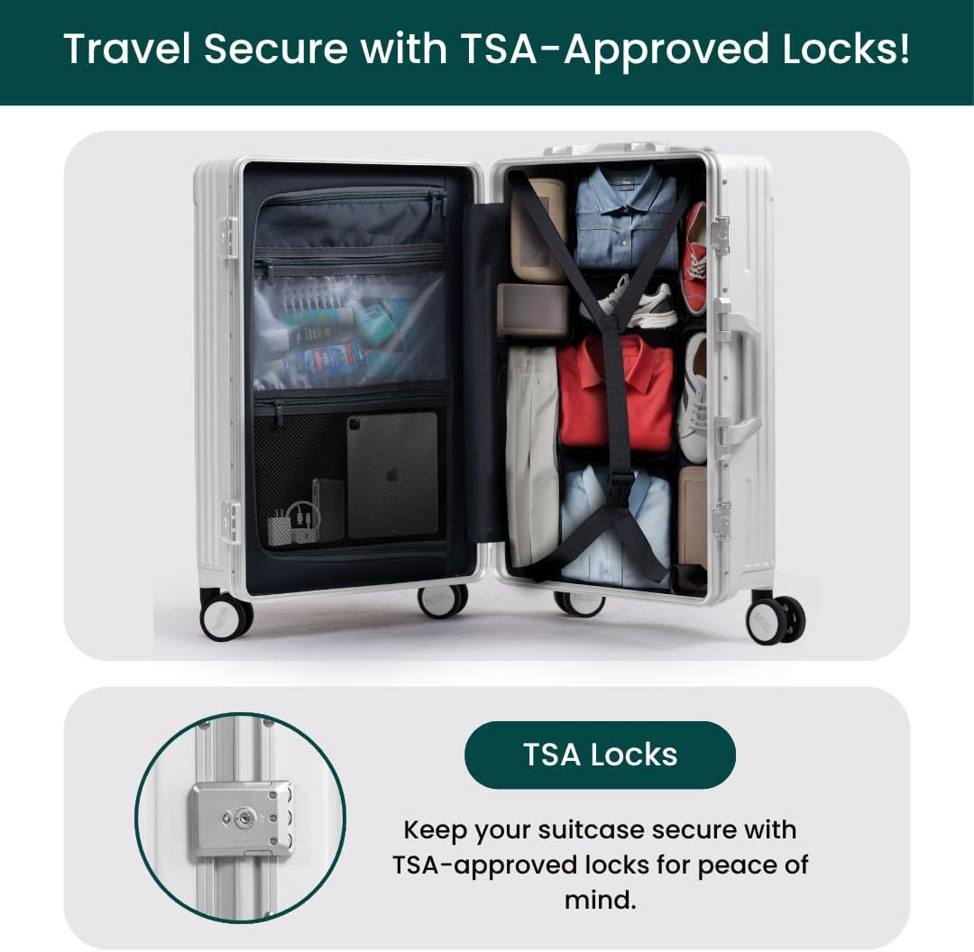 Nobl Travel Carry On Luggage, Noble Zipperless Aluminum Frame PC Hard Shell Suitcase, 22.5x15x9.5 Airline Approved, 360° Spinner Wheels, TSA Locks, USB Charging Port, Cup & Phone Holder - White