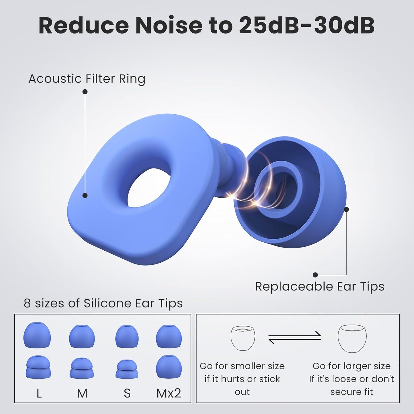 2 Pairs of Earplugs for Sleeping,Reusable Hearing Protection Earplugs with 8 Pairs Ear Tips & One Connector Cord,Soft Earplugs for Noise Reduction,Concert,Musician & Work - 25dB-30dB, Blue