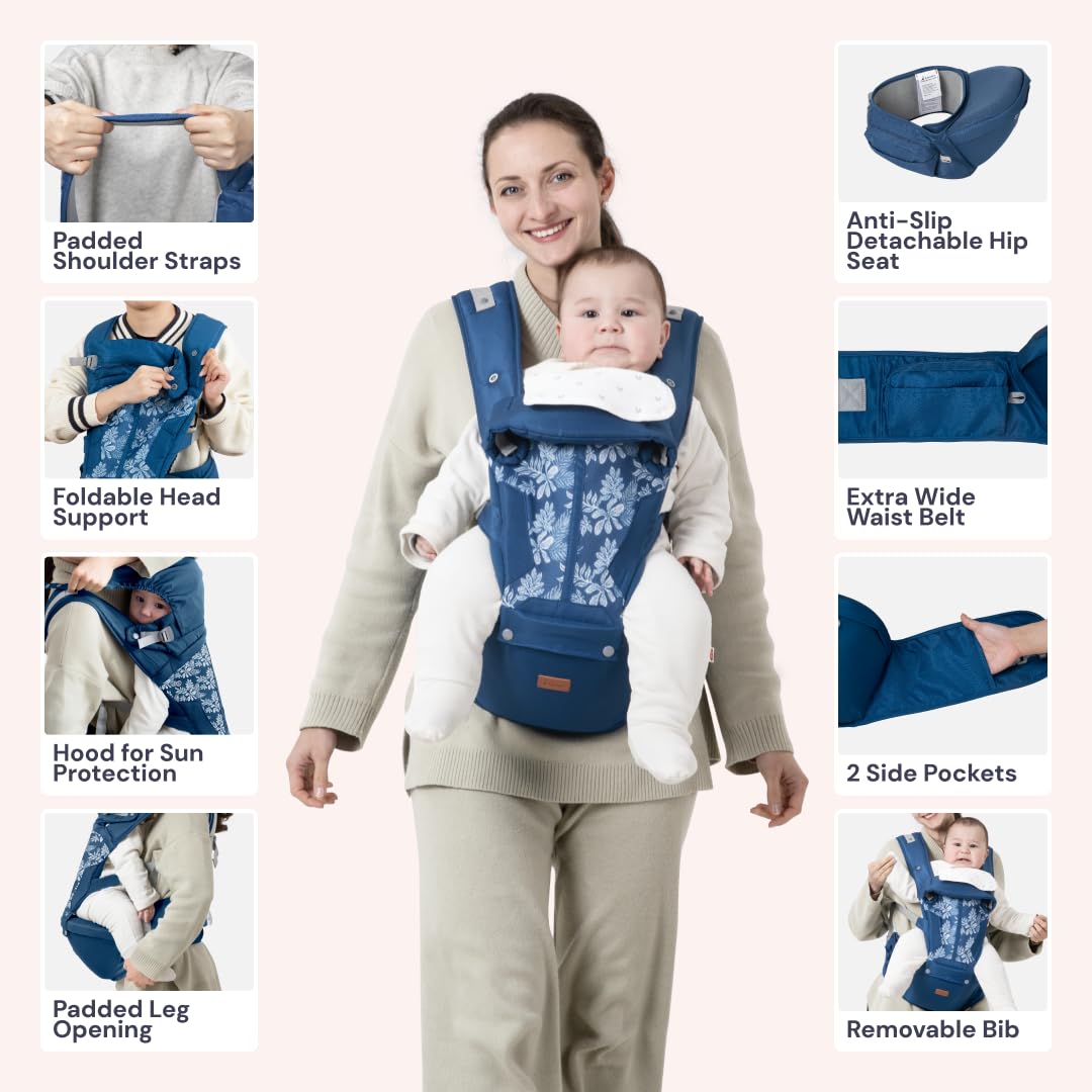 BabbleRoo Grow Carrier – 6-in-1 Baby Carrier with Hip Seat, Ergonomic, Cozy & Adjustable Toddler Carrier 7-50 lbs with Hip & Lumbar Support, Hood for Sun Protection, Newborn to Toddler, Denim Leaves