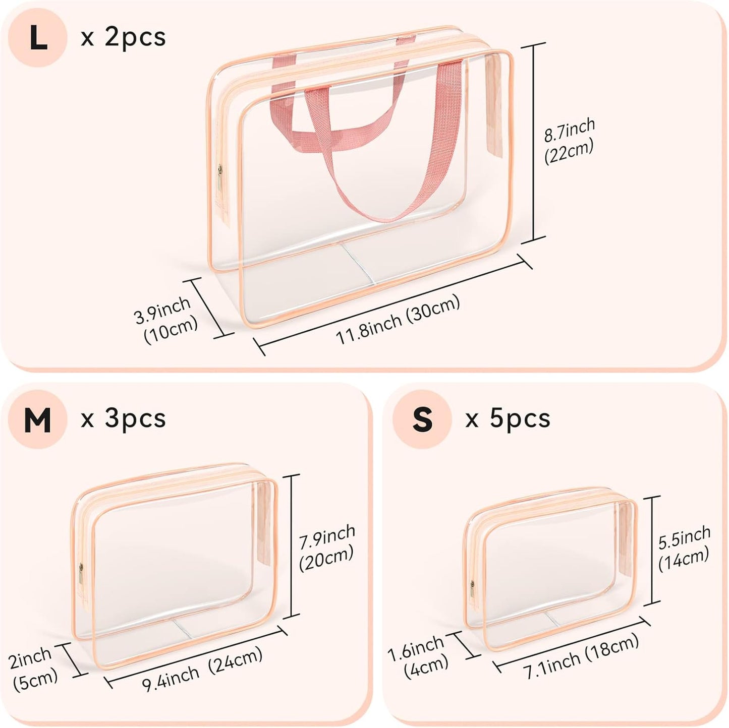 TISRATOK 10 PCS Clear Travel Makeup Toiletry Bag, Plastic PVC Cosmetic TSA Approved Organizer Kit with Zipper Handbag（Pink）