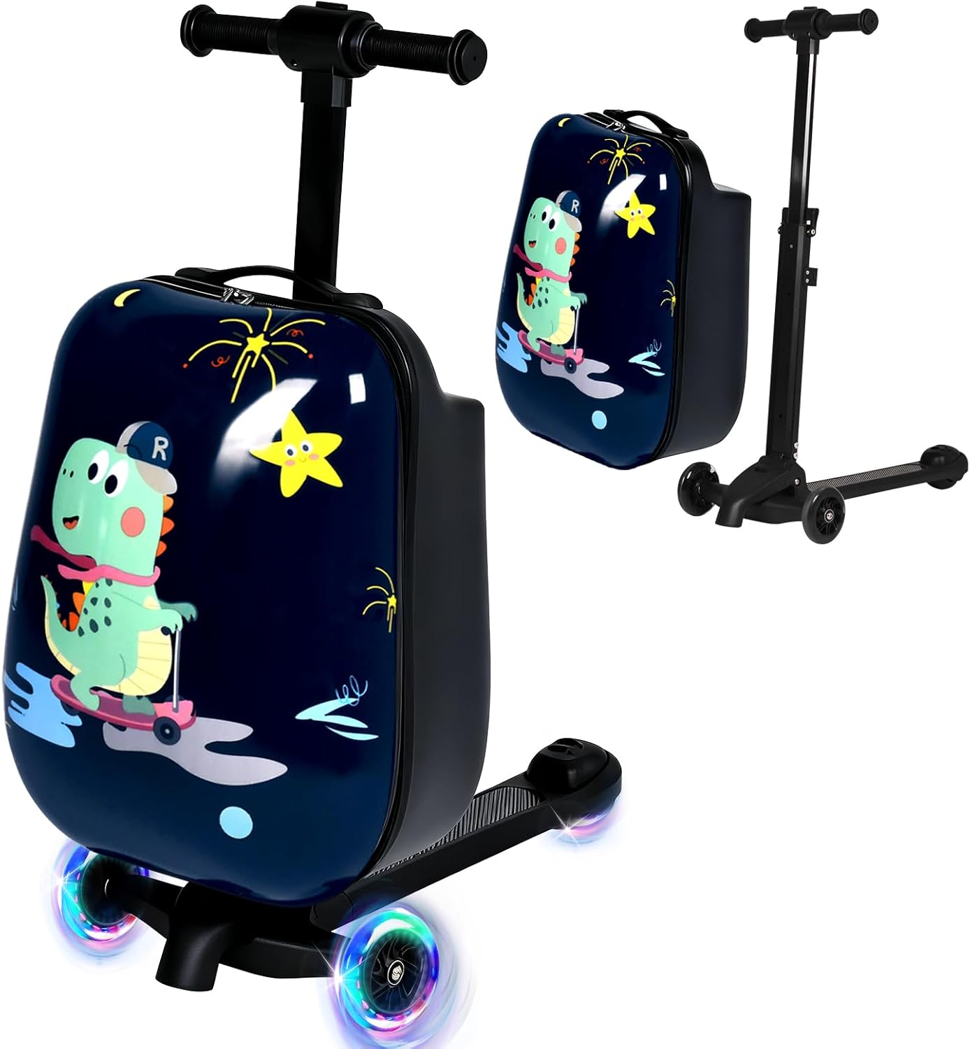 4-in-1 Detachable Scooter Luggage for Kids & Teens – Hardside Ride-On Suitcase with Led Light Up Wheels, Dinosaur Design, Lightweight Foldable, Perfect Travel Gift for Boys(Navy Blue 22-inch)