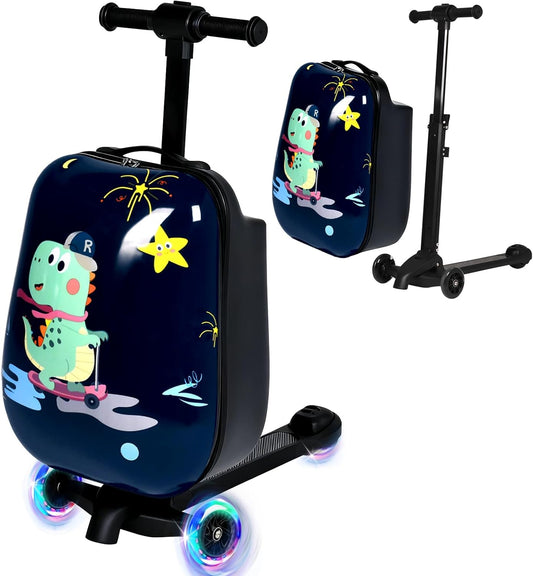 4-in-1 Detachable Scooter Luggage for Kids & Teens – Hardside Ride-On Suitcase with Led Light Up Wheels, Dinosaur Design, Lightweight Foldable, Perfect Travel Gift for Boys(Navy Blue 22-inch)