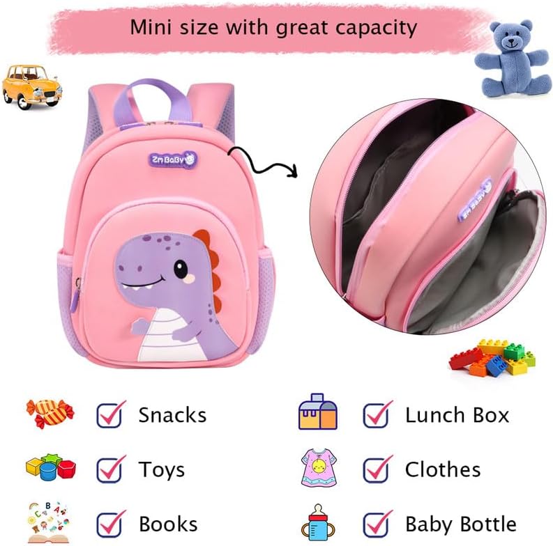 Padgene Toddler Harness Backpacks Safety Leash Kids Anti Lost Kindergarten Preschool Backpack Neoprene Lightweight Animal Schoolbag 3D Cartoon Dinasour Mini Travel Bag for Boys Girls Ages 3-5