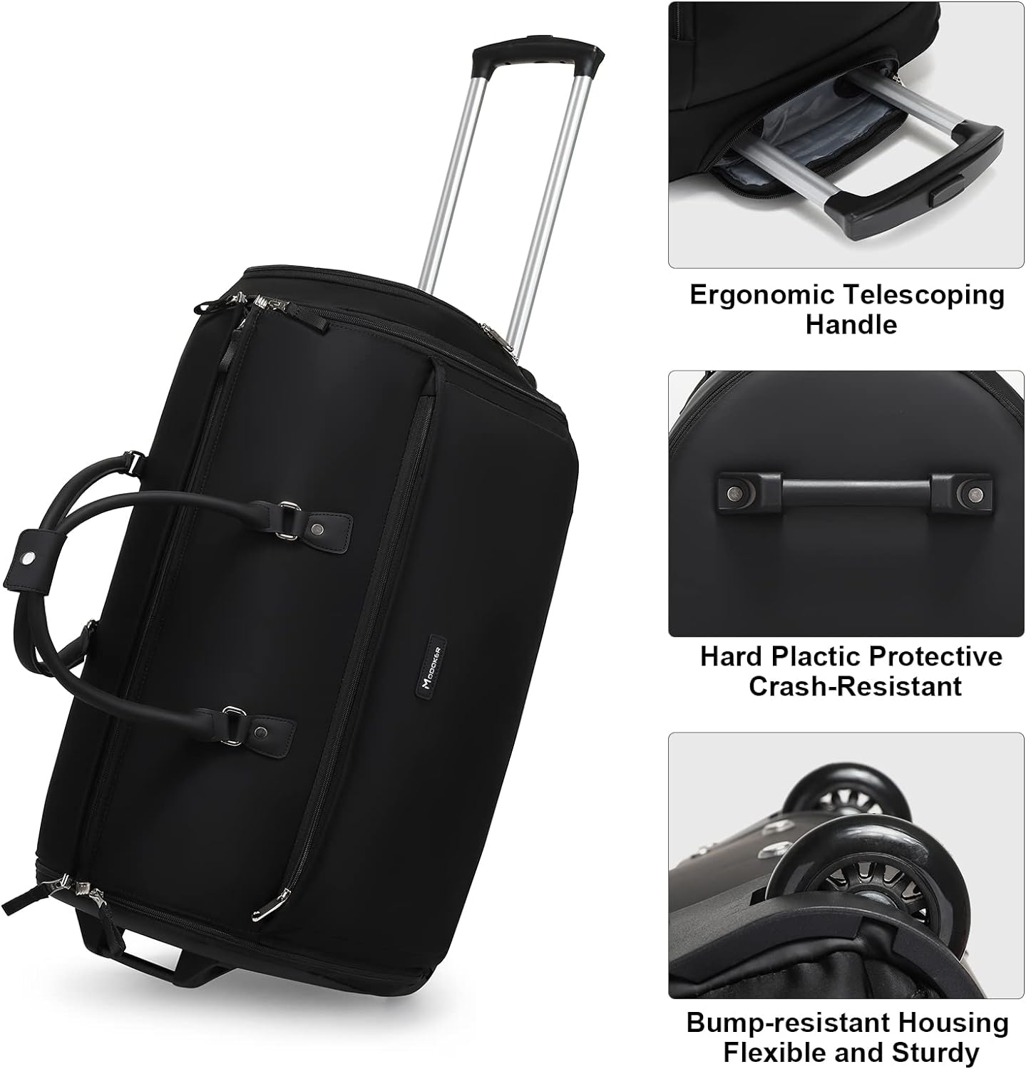 Modoker Rolling Garment Bags, Large Garment Duffle Bag with Wheels, 3 in 1 Garment Suit Luggage Bag for Women Men Business Travel Weekender, Black