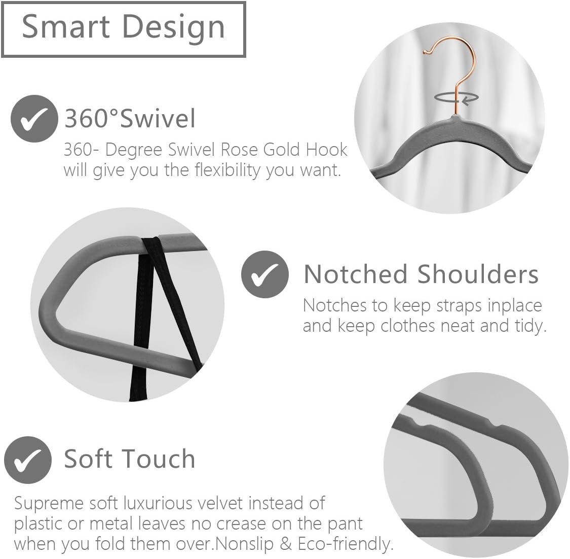 MIZGI Premium Velvet Hangers (30 Pack) Heavy Duty - Non Slip - Velvet Suit Hangers Gray - Copper/Rose Gold Hooks,Space Saving Clothes Hangers (Gray)