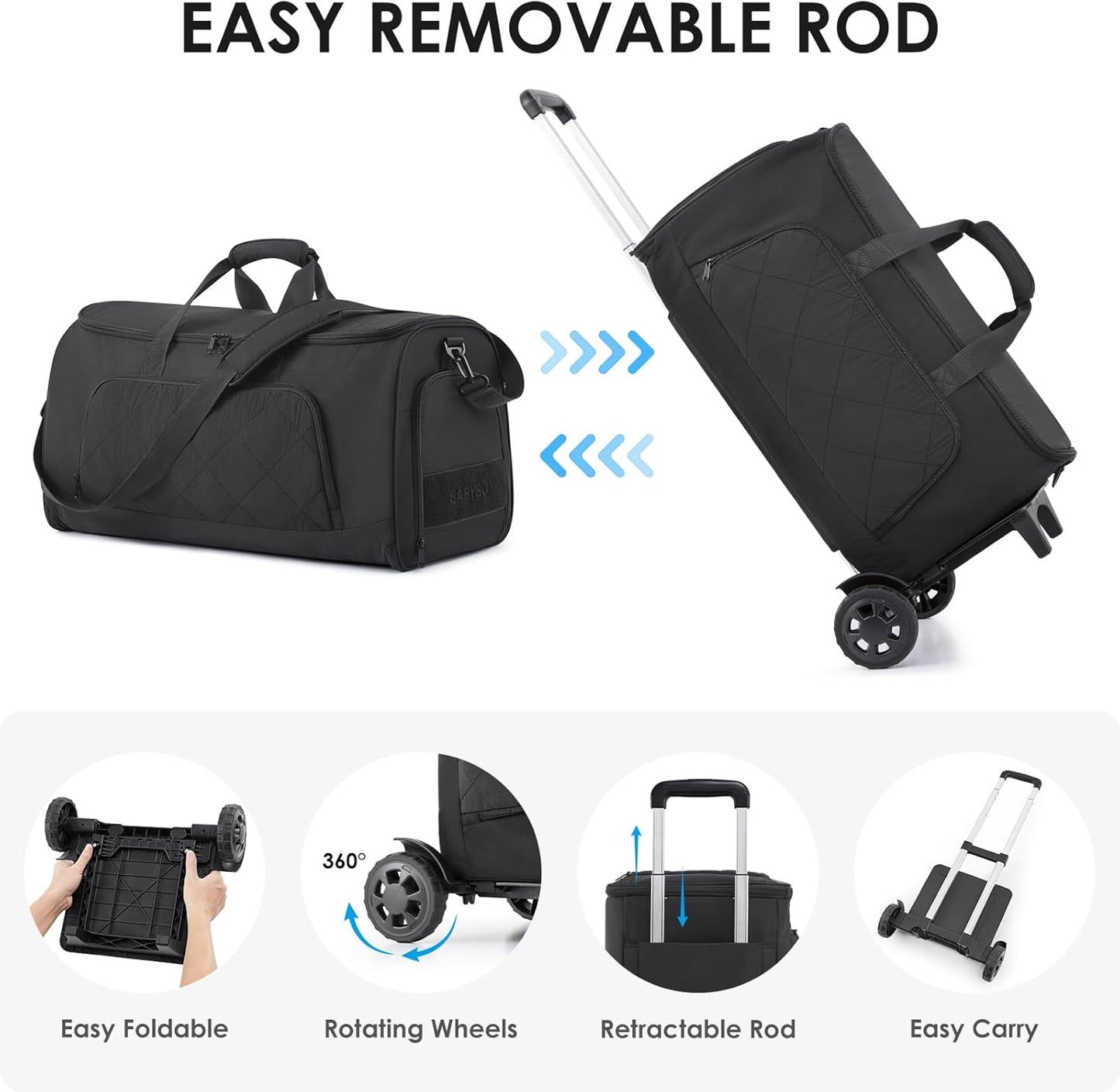 Rolling Garment Bag for Travel,Duffle Garment Bag with Wheels and Shoe Compartment for Men and Women,3 in 1 Suit Dress Bags with Wheels（Black）