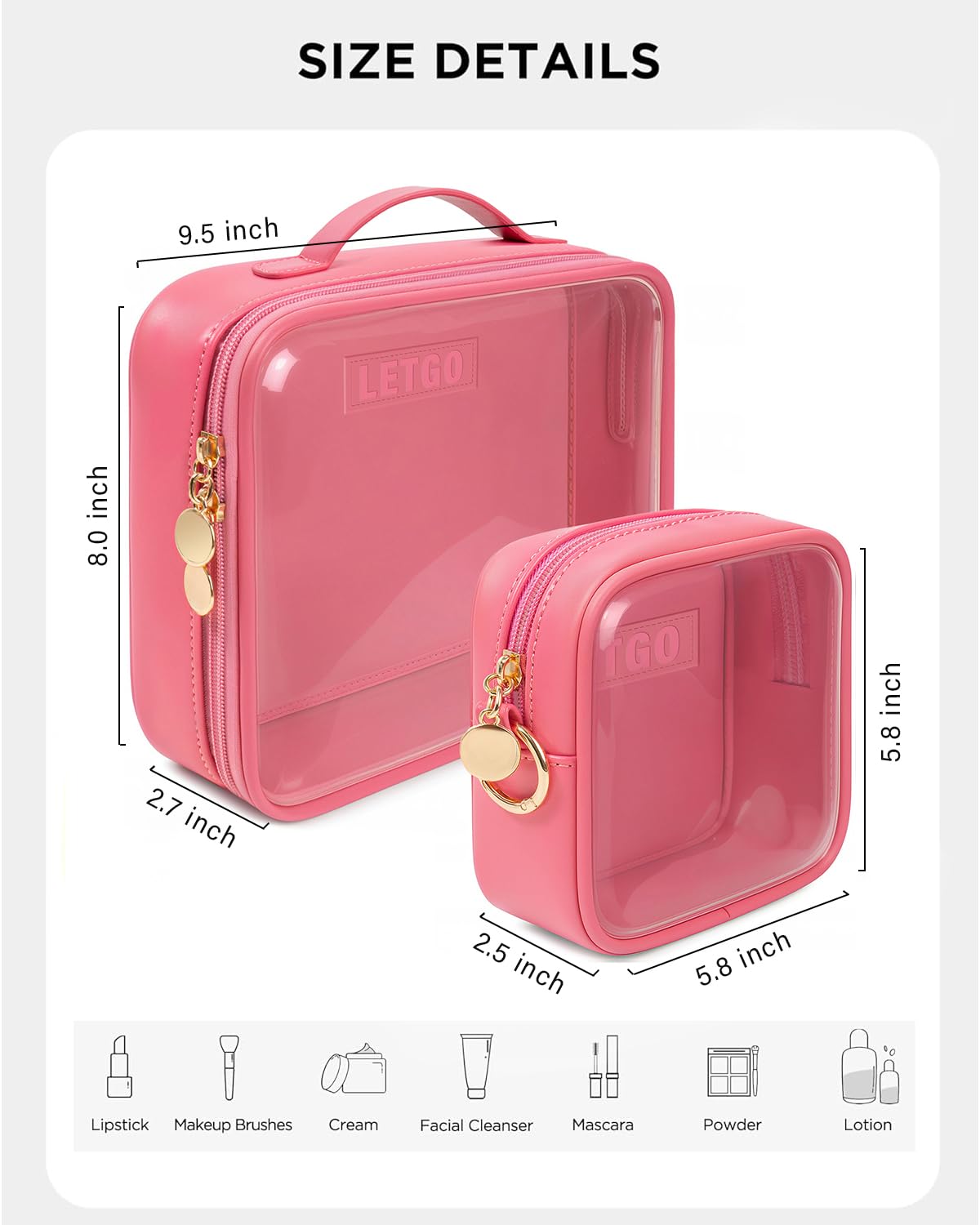 2 Pack Clear Toiletry Bag, Portable Travel Makeup Pouch with Zipper, TSA Approved Organizer, PVC Cosmetic for Airport Airline Compliant(Large+Mini Rose)