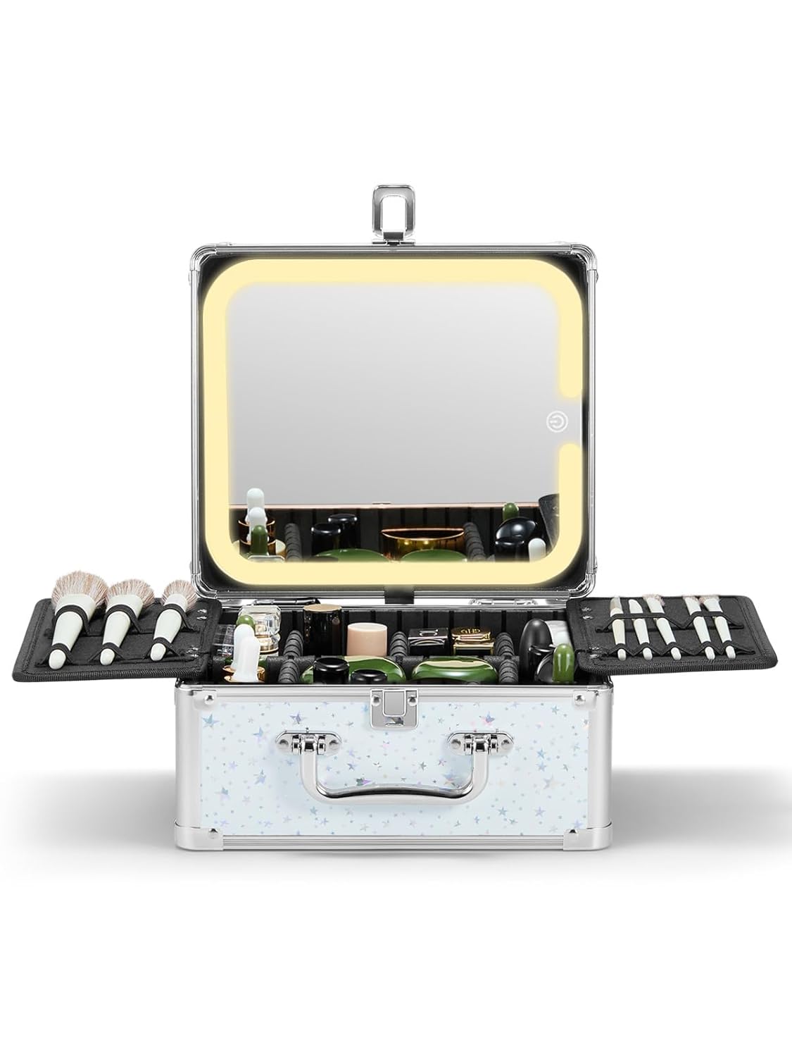 Qislee Makeup Box with A Detachable Lighted Mirror, Waterproof Travel Train Case, Cosmetic Organizer and Makeup Suitcase with Adjustable Dividers, Magnetic LED Mirror(Snow White)