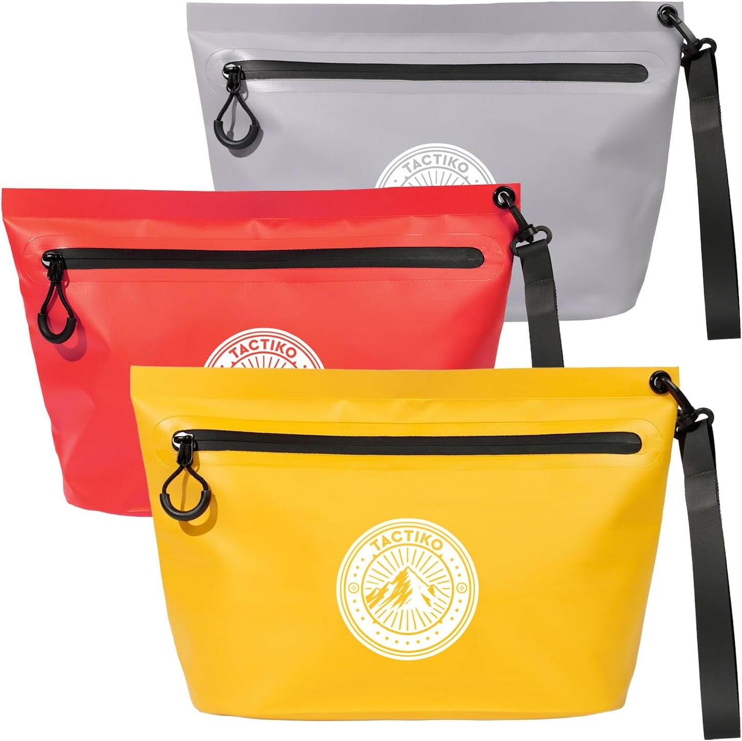 3-Pack Tactiko Heavy-Duty Splash Water Resistant Zipper Pouches - 3 L Hold-All Organizers for Dry Bags, Travel Bags (3, Yellow/Red/Gray)