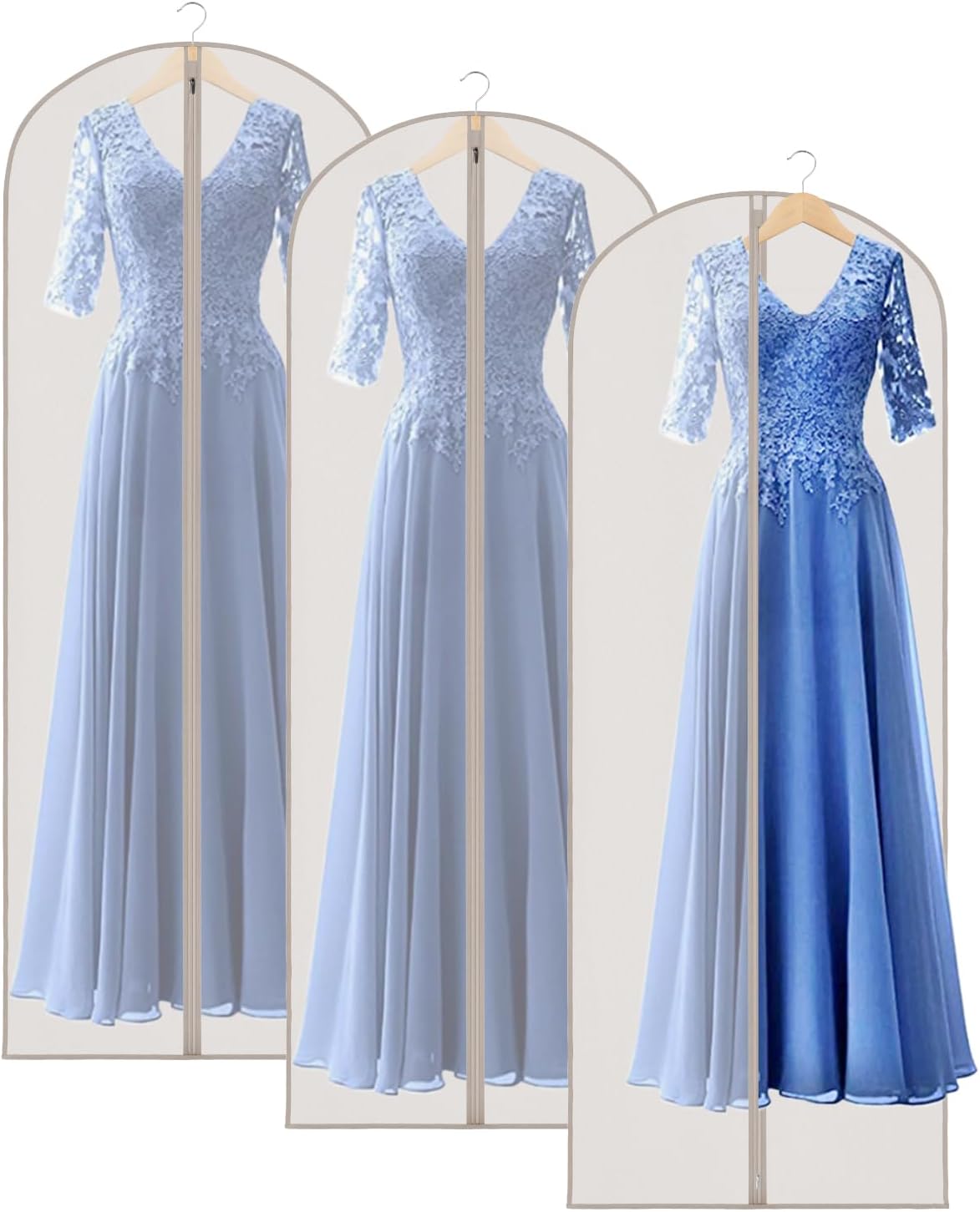 Zilink 65'' Dress Bags for Gowns Long Clear Garment Bags for Hanging Clothes Foldable Dress Covers Garment Bag for Closet Storage and Travel - Beige, 3 Pack