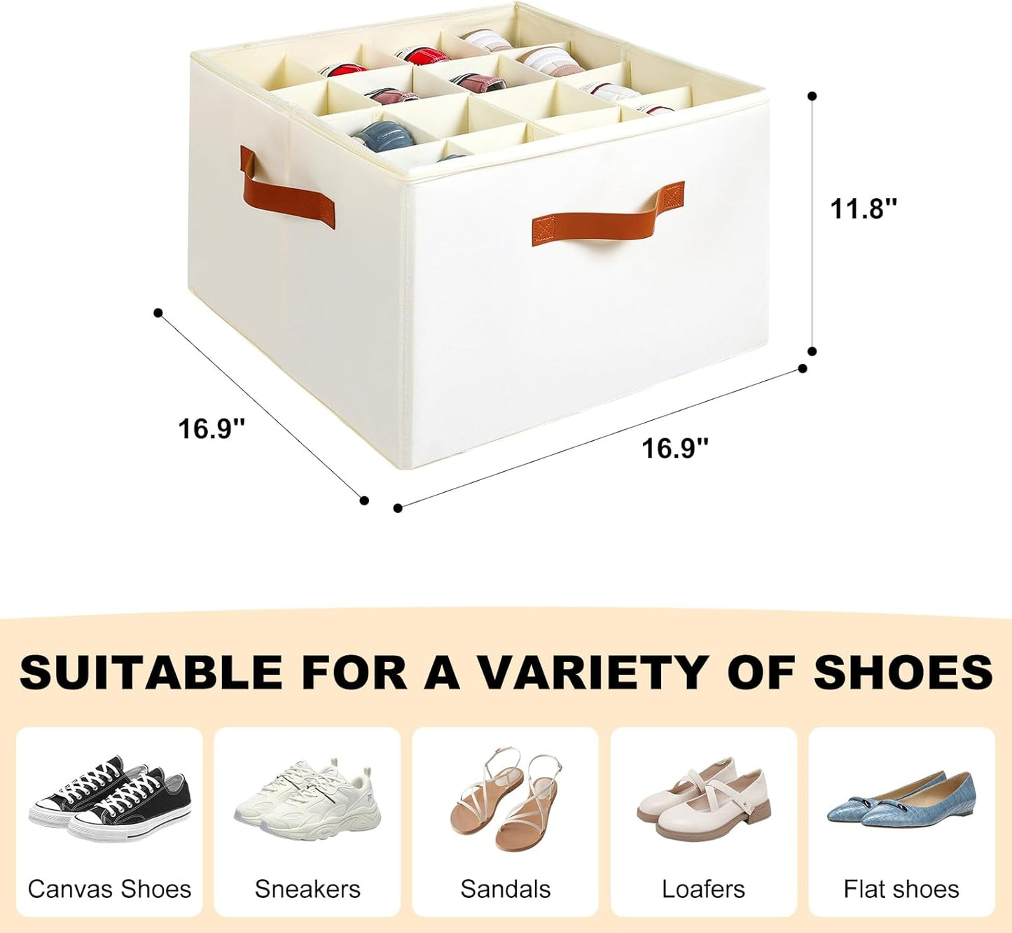 Shoe Organizer for Closet, Foldable Shoe Storage Bins with Clear Cover, Large Shoe Box Storage Container with Adjustabele Dividers, Fits up to 16 Pairs, White