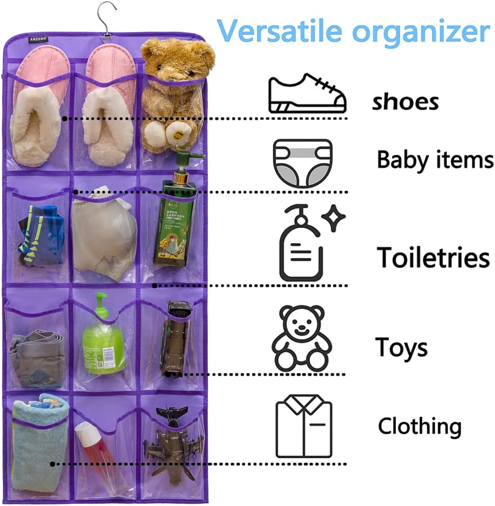 Dual Sided Hanging Shoe Organizer for Closet with Rotating Hanger Hanging Shoe Rack Holder with 24 Large Pockets (Purple-Clear Pockets)