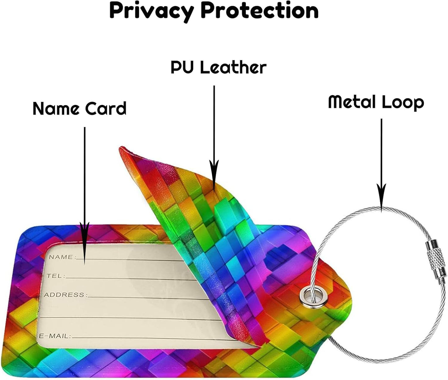 2 Pcs Colorful Geometric Luggage Tags for Suitcases, Bright Rainbow Leather Baggage Tags for Luggage with Privacy Name Address Identifiers Labels & Durable Steel Loop for Women Men Travel